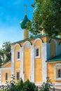 Russia, Uglich, July 2020. Yellow walls of an old Orthodox church. Royalty Free Stock Photo