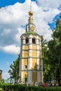 Russia, Uglich, July 2020.  Tourists around the bell tower building. Royalty Free Stock Photo