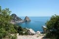 The magnificent nature of the rocky beaches. Beach scenery. Diva Mountain, Crimea, Ukraine Royalty Free Stock Photo
