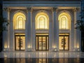 Magnificent neoclassical building features large columns and triangular pediments illuminated soft lighting enhances its Royalty Free Stock Photo