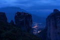 Magnificent night landscape. Monastery Holy Trinity, Meteora, Greece. Royalty Free Stock Photo