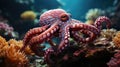 Magnificent octopus among the underwater picturesque landscape with marine life