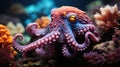 Magnificent octopus among the underwater picturesque landscape with marine life