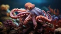 Magnificent octopus among the underwater picturesque landscape with marine life