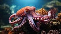 Magnificent octopus among the underwater picturesque landscape with marine life