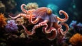 Magnificent octopus among the underwater picturesque landscape with marine life