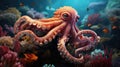 Magnificent octopus among the underwater picturesque landscape with marine life