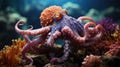 Magnificent octopus among the underwater picturesque landscape with marine life