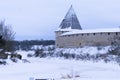 Magnificent old fortress in Russia in the winter and view of the Volkhov River.