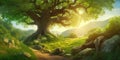 Magnificent old oak tree growing by a path at forest edge, against vibrant summer landscape. Generative AI illustration