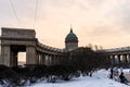 St. Petersburg, Russia, February 10, 2024. Kazan Cathedral at sunset in winter.