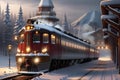 The Magnificent Panorama of a Red Train Approaching a Station in a Snowy Forested Terrain, Set against Majestic Mountains. AI Royalty Free Stock Photo