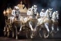 A magnificent parade showcases a group of white horses as they effortlessly pull a stunning gold carriage., A royal chariot led by