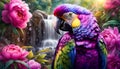 Colorfull parot with flowers and waterfall