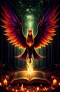 A magnificent phoenix with wings spread out over a book.