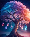 A magnificent tree, its branches reaching skyward, adorned with shimmering colorful crystals