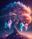 A magnificent tree, its branches reaching skyward, adorned with shimmering colorful crystals