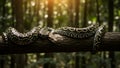 Majestic Python Snake Coiled on Tree Branch in Lush Tropical Jungle with Bokeh Sunlight. Wild Reptile in its Natural Forest Habita Royalty Free Stock Photo