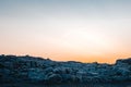 Magnificent rock formations in the Dettifoss area in Iceland during summer sunset, blue rock surrounded by beautiful orange light