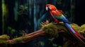 A magnificent scarlet macaw perched on a moss-covered branch