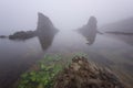 Magnificent seascape over the rock phenomenon The Ships, Sinemorets village, Bulgaria. Foggy weather. Royalty Free Stock Photo