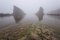 Magnificent seascape over the rock phenomenon The Ships, Sinemorets village, Bulgaria. Foggy weather. Royalty Free Stock Photo