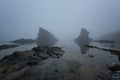 Magnificent seascape over the rock phenomenon The Ships, Sinemorets village, Bulgaria. Foggy weather. Royalty Free Stock Photo