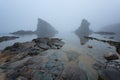 Magnificent seascape over the rock phenomenon The Ships, Sinemorets village, Bulgaria. Foggy weather. Royalty Free Stock Photo