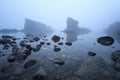 Magnificent seascape over the rock phenomenon The Ships, Sinemorets village, Bulgaria. Foggy weather. Royalty Free Stock Photo