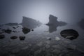 Magnificent seascape over the rock phenomenon The Ships, Sinemorets village, Bulgaria. Foggy weather. Royalty Free Stock Photo