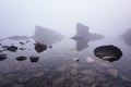 Magnificent seascape over the rock phenomenon The Ships, Sinemorets village, Bulgaria. Foggy weather. Royalty Free Stock Photo