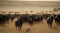 A herd of wildebeest migrating across the savannah created with Generative AI