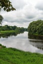 Russia, Staraya Russa, August 2021. Beautiful river landscape with storm clouds.