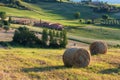 Magnificent spring landscape at sunrise. Beautiful view of typical tuscan farm house Royalty Free Stock Photo