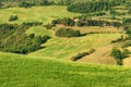 Magnificent spring rural landscape. Stunning view of tuscan green wave hills, amazing sunlight, beautiful golden fields and meadow Royalty Free Stock Photo