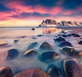 Magnificent spring view of Haukland Beach, Vastvagoy. Incredible morning scene of Lofoten Island