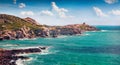 Magnificent spring view of Torre Argentina tower. Incredible morning scene of Sardinia island, Italy,