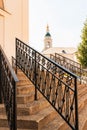 Russia,Uglich, July 2020. The staircase of an ancient Orthodox cathedral with figured railings.