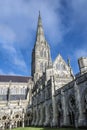 Salisbury Cathedral, Wiltshire, England - showing the internal courtyard, stained glass, windows and famous spire. Royalty Free Stock Photo