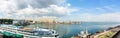 A magnificent summer panorama of the Odessa port with a beautiful ship