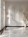 A magnificent, sunlit entryway with gleaming white and gray marble floors and intricate wall paneling, exuding an air of Royalty Free Stock Photo