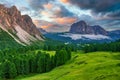 Magnificent sunset over Gardena valley, Dolomite Alps, Italy