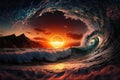 magnificent sunset at sea on a wave of fantasy