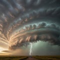 Supercell Thunderstorm with Shelf Cloud and Lightning at Sunset Royalty Free Stock Photo