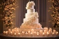 Wedding cake of a magnificent tiered adorned with cascading flowers and elegant lace details. AI Generated Royalty Free Stock Photo