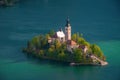 Magnificent view of Bled Lake. Bled island with pilgrimage church of the Assumption of Mary, Slovenia