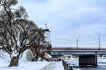 Russia, Vyborg, January 2021. Russia, Vyborg, January 2021. Winter embankment, bridge and tower of the old castle. Royalty Free Stock Photo