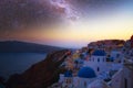 Magnificent view of the city of Oia on the island of Santorini Greece during a beautiful sunset in the Mediterranean. Love and tra Royalty Free Stock Photo