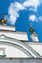 Russia, Uglich, July 2020. Golden domes and crosses of the Orthodox monastery against the blue sky. Royalty Free Stock Photo