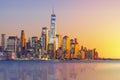 a magnificent view of Lower Manhattan and the financial district at sunset, New York City